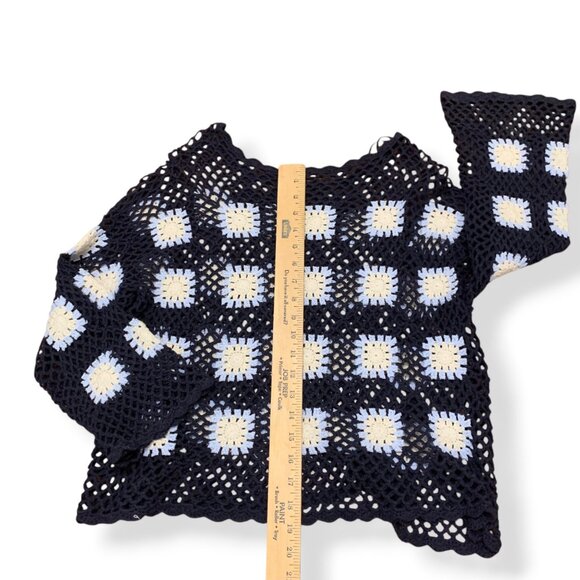 Women’s Sweater Crochet Open Navy Floral Granny Square Long Sleeve Boho Cottage - Picture 11 of 12